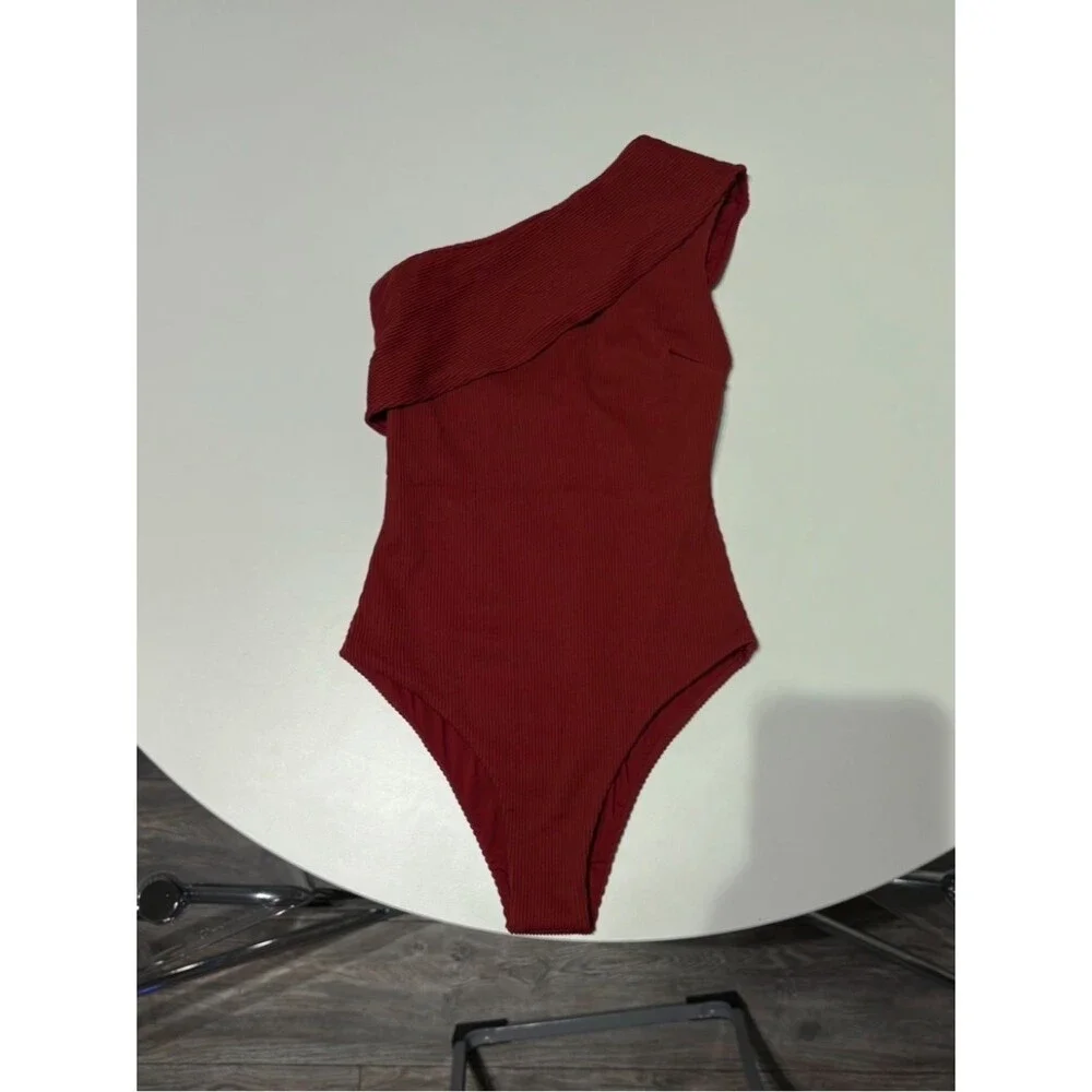 Haight Maria Ribbed One-Shoulder One-Piece Swimsuit Red Small NEW